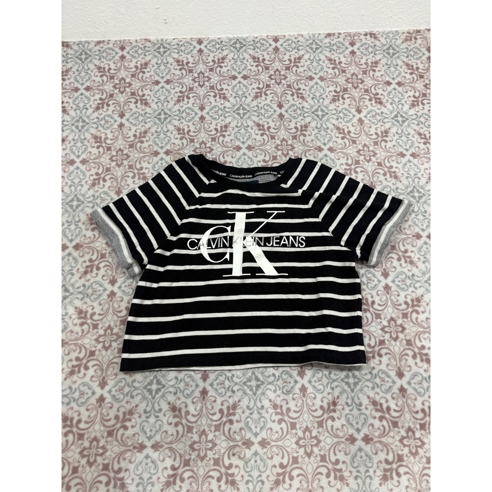 Calvin Klein Jeans Womens Striped Logo Short Sleeve Sweatshirt Black White S